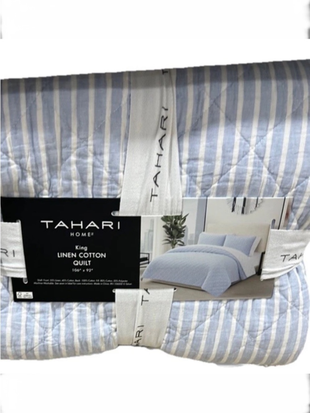 Tahari Blue and White Linen Cotton Blend European Grown Flax  Quilt 106”x92”